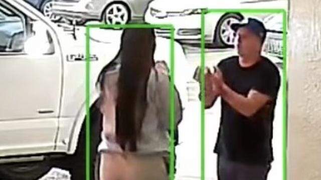Security camera footage shows a man and woman speaking in front of a white Ford F-150 pickup truck Wednesday, Dec. 31, 2025. Hialeah police believe the man may have abducted the woman.